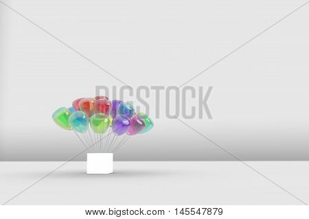 Many Gauzy Colorful Balloon Planting At A White Light Box On Abstract White Floor And Wall In The Ro