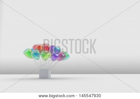 Many Gauzy Colorful Balloon Planting At A Box On Abstract White Floor And Wall In The Room,abstract