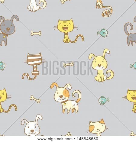 Seamless pattern with cute cartoon dogs  and cats on  gray  background. Little puppies and kitens with  bones and fishes. Children's illustration. Vector image. Funny animals.