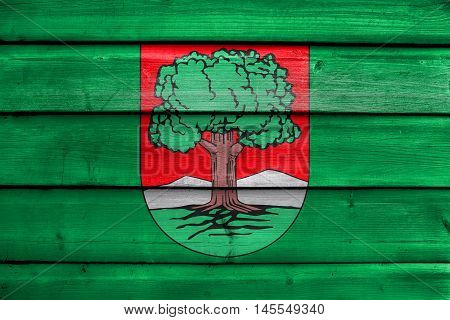 Flag Of Walbrzych, Poland, Painted On Old Wood Plank Background