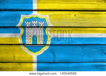 Flag Of Zhytomyr, Ukraine, Painted On Old Wood Plank Background