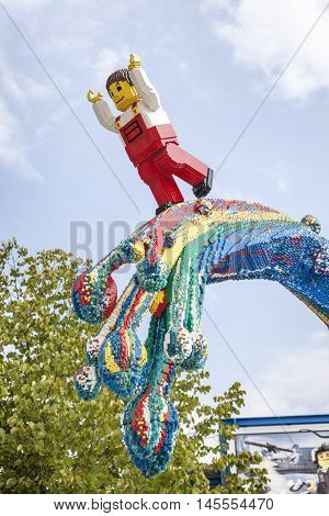 GUNZBURG GERMANY - AUG 18 2016: Lego mini character sculpture at the Legoland Germany. Lego is a popular line of construction toys manufactured by the Lego Group