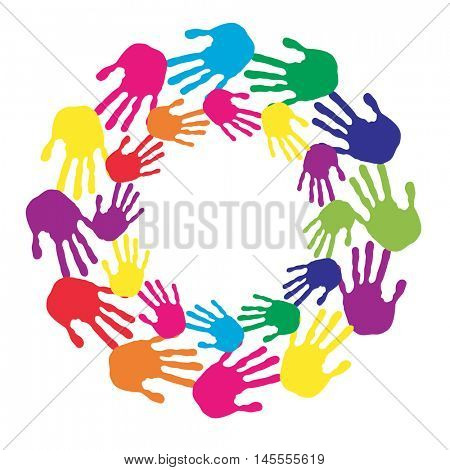 Concept or conceptual circle or spiral set made of colorful painted human hands isolated on white background