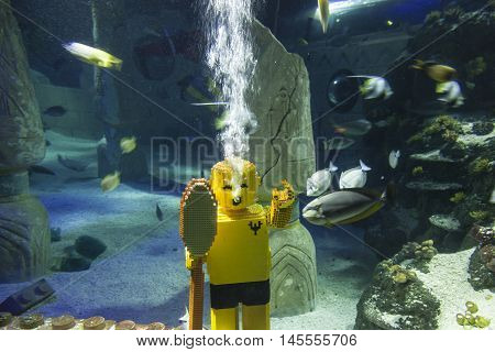 GUNZBURG GERMANY - AUG 18 2016: Lego diver character at the Legoland Atlantis in Legoland Deutschland