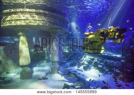 GUNZBURG GERMANY - AUG 18 2016: Yellow submarine at the Legoland Atlantis in Legoland Deutschland
