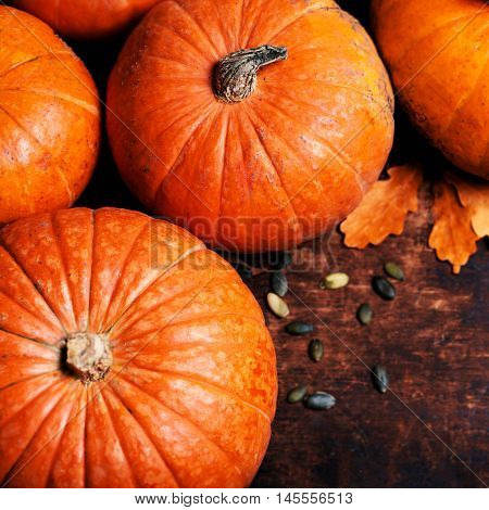 Autumn Pumpkin Thanksgiving Background - orange pumpkins over wooden table