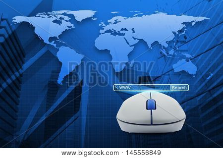 Wireless computer mouse with search www button over map and city tower Searching system and internet concept Elements of this image furnished by NASA