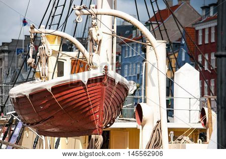 Life boat on the devit in marina, Kopenhagen, Denmark