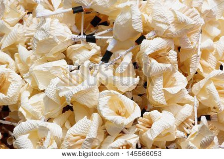 White artifical flowers (used during a funeral) - kind of wood flower to be placed on the site of cremation in Thailand.