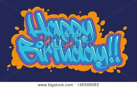 Happy birthday congratulation card. Readable graffiti style in blue and vibrant colors.