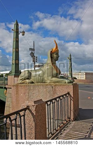 St. Petersburg Russia - 14 July 2016: Cast-iron Sphinx at the Egyptian bridge over the Fontanka River. In the architecture of the bridge was reflected typical for the beginning of XIX century interest in the art of ancient Egypt