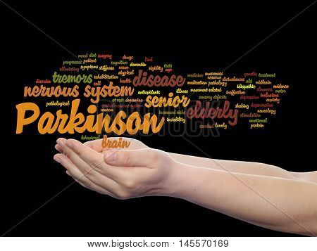 Concept or conceptual Parkinson`s disease healthcare or nervous system disorder abstract word cloud held in hands isolated on background