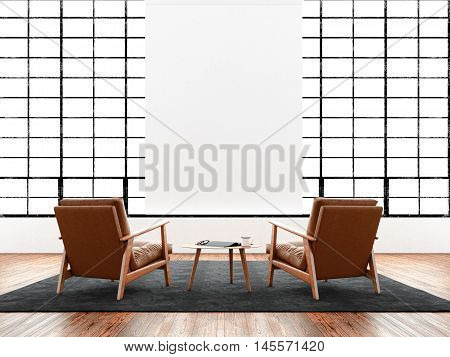 Modern interior studio loft huge panoramic window, natural color floor.Generic design furniture in contemporary business conference hall.Chillout lounge zone.Blank white poster hanging. 3D rendering
