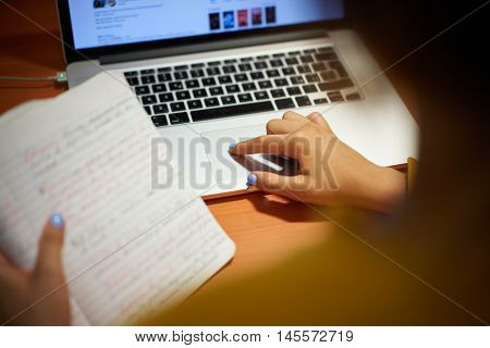 Girl College Student Doing Web Search On Laptop At Night
