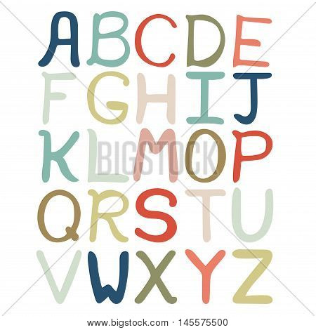 Colorful hand drawn abstract alphabet. Alphabet isolated flat style font isolated type. Children ABC for decoration of kids illustration websites posters comics and banners. Vector illustration.