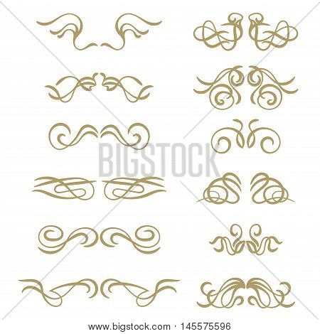 Abstract gold curly headers. Retro design element set isolated on white background. Dividers in vintage style. Hand drawn swirls. Vector illustration.