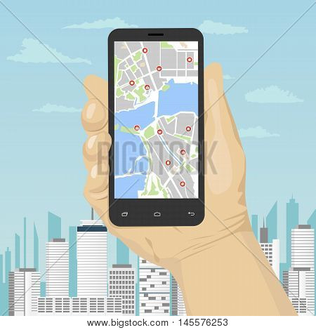 male hand holding a smartphone with mobile gps or glonass navigation map over the modern city