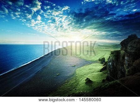 the black sand beach from the cliff of Dyrholaeyjarviti, Iceland