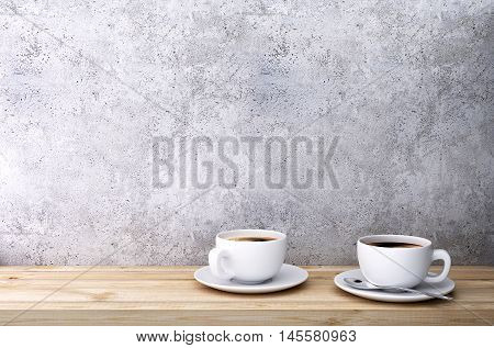 Cups of coffee on wooden table near concrete wall. 3D rendering