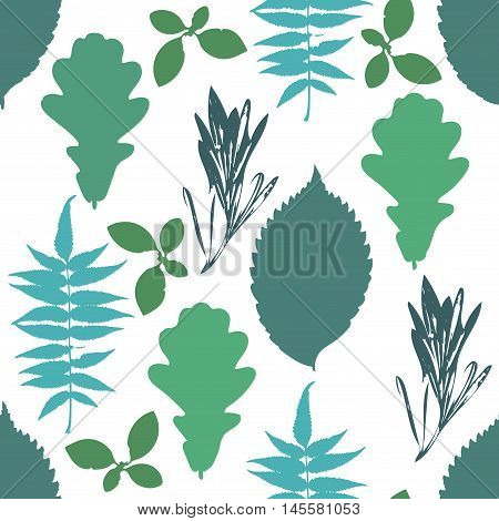 Floral seamless pattern with autumn grunge blue green tree leaves on white background. Maple Elm Oak Aspen textured leaves. Vector illustration.