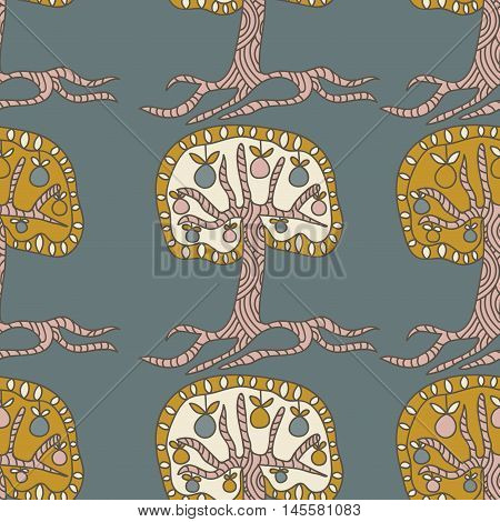Forest green doodle seamless pattern. Background with fantasy apple tree. Endless floral pattern for wrapping paper textile design greeting cards graphic design. Vector illustration.