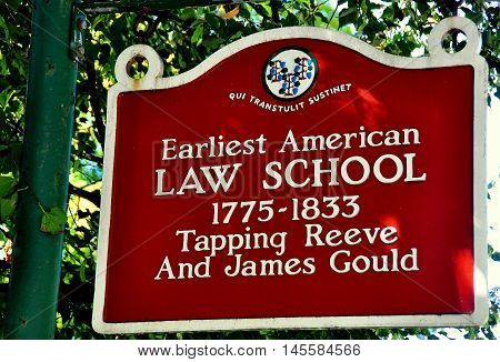 Litchfield Connecticut - September 15 2014: Sign at the historic 1775-1833 Tapping Reeve and James Gould Law School - Xu Lei Photo