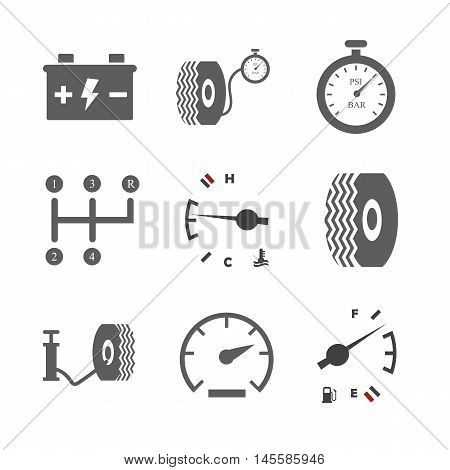 Car icon set. Tire icon. Tire compressor. Car battery. Fuel level. Temperature icon. Speed icon. Vector illustration