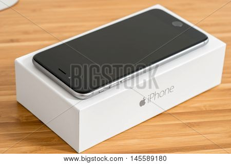UFA RUSSIA - 3 JULY 2016: iPhone 6 Plus is a smartphone developed by Apple Inc. iPhone 6 Plus is on the box.
