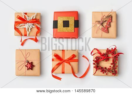 Christmas gift boxes with homemade creative wrapping.View from above. Flat lay
