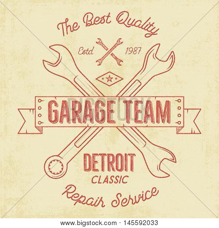 Garage service vintage tee design graphics, Detroit classic, repair service typography print. T-shirt stamp, teeshirt graphic, premium retro artwork. Use also as emblem, logo on web projects. Vector.