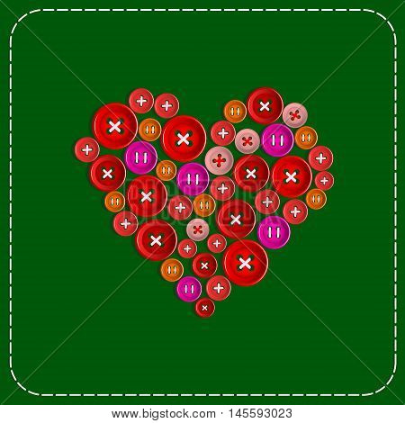 Button-heart. Background picture. Red to green. Plastic buttons sewn with white thread. Vector Image.
