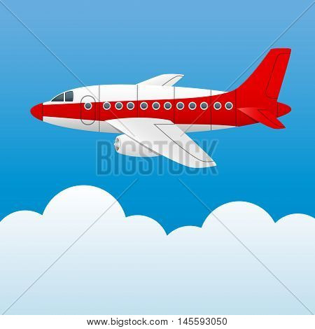 Varicolored plane on a background of blue sky and white clouds. Cartoon style. Vector Image.