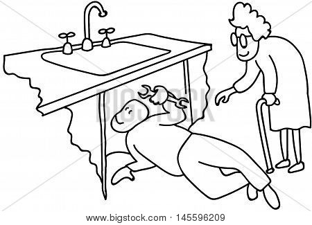 Granny gets her sink fixed plumber volunteer helper