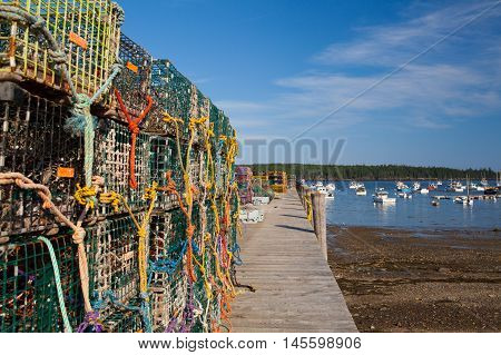 Crab farm and crab cages on Saint George Peninsula Maine USA