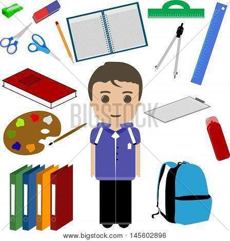 Student boy and school utensils set vector, illustration