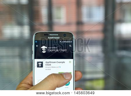 MONTREAL CANADA - August 8 2016 - Amazon AppStream mobile app on screen of Samsung S7 in hand. It is a flexible low-latency service that allows stream resource intensive applications from the cloud