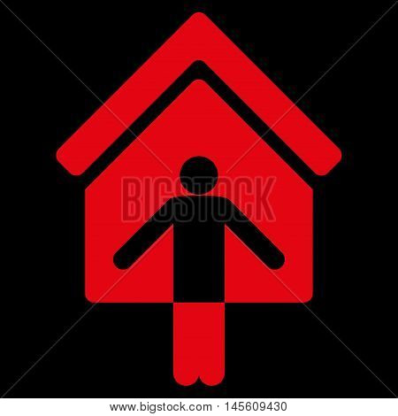 House Owner Wellcome icon. Vector style is flat iconic symbol, red color, black background.