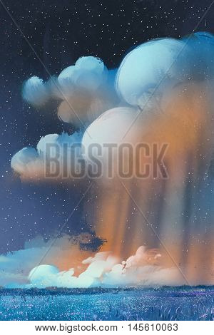 night scenery of big cumulonimbus clouds over field, landscape, illustration painting