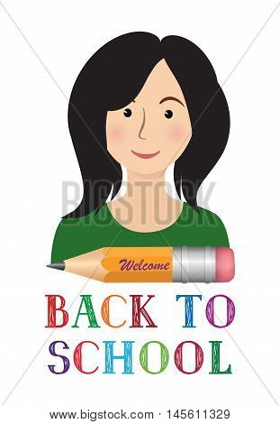 Cheerful smiling little girl with crayon pencil and lettering Back to school on white background. Looking at camera. School concept