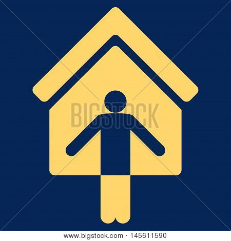 House Owner Wellcome icon. Vector style is flat iconic symbol yellow color blue background.