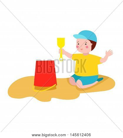 Happy kid playing in sandbox adorable cheerful little character. Childhood summer playground sand kid playing sandbox. Little cute happy play kid playing sandbox outdoor with toy vector character.