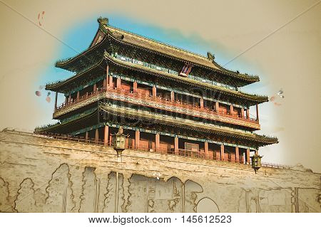 Beijing, China at the Zhengyangmen Gatehouse in Tiananmen Square. Beautiful historical building at sunset. Vintage painting, background illustration, beautiful picture, travel texture