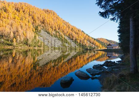 Reflections On Water, Autumn Panorama From Mountain Lake