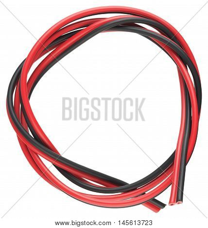 Red and black power cable for low voltage DC. Object is isolated on white background without shadows.