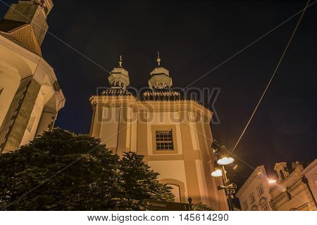 Night church in Ceske Budejovice city in summer day