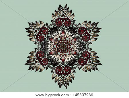 Vector gold floral round ornament for print embroidery. ethnic ornament symmetrical element. embossed pattern inlay Mahogany