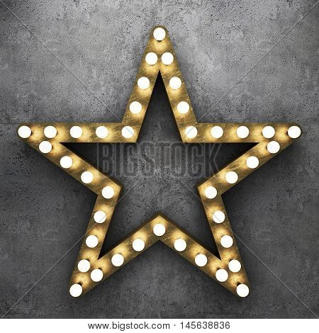 Retro star with light bulbs on concrete background. 3D rendering