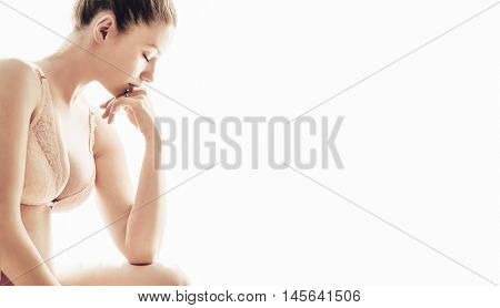 Portrait of beautiful young woman, isolated over white background