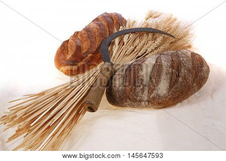 bunch of mown wheat ears with vintage handmade reaper hook sickle and rye and white dark french fresh bread loaf on light linen tablecloth