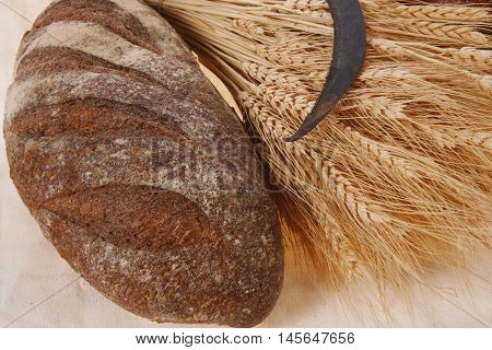 bunch of mown wheat ears with vintage handmade reaper hook sickle and rye and white dark french fresh bread loaf on light linen tablecloth